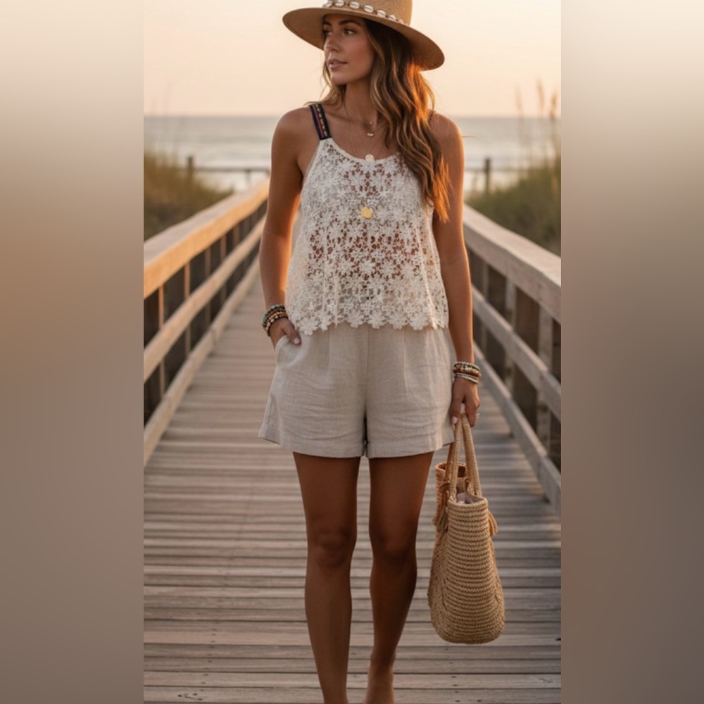 Double Zero S Cream Crochet Flowy Tank Top W/beaded Front Design Boho Bohem Bell